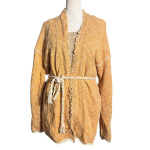 Free People Orange & White Knit Belted Cardigan Size S Texture Tassel Belt Open